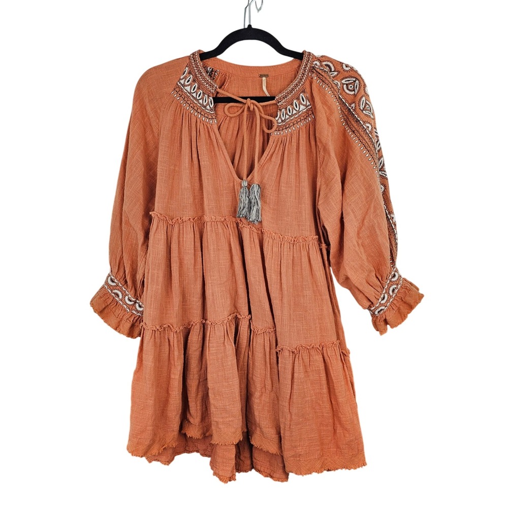 Free People Rust Orange Embroidered Tiered Babydoll Mini Dress Cotton Boho L